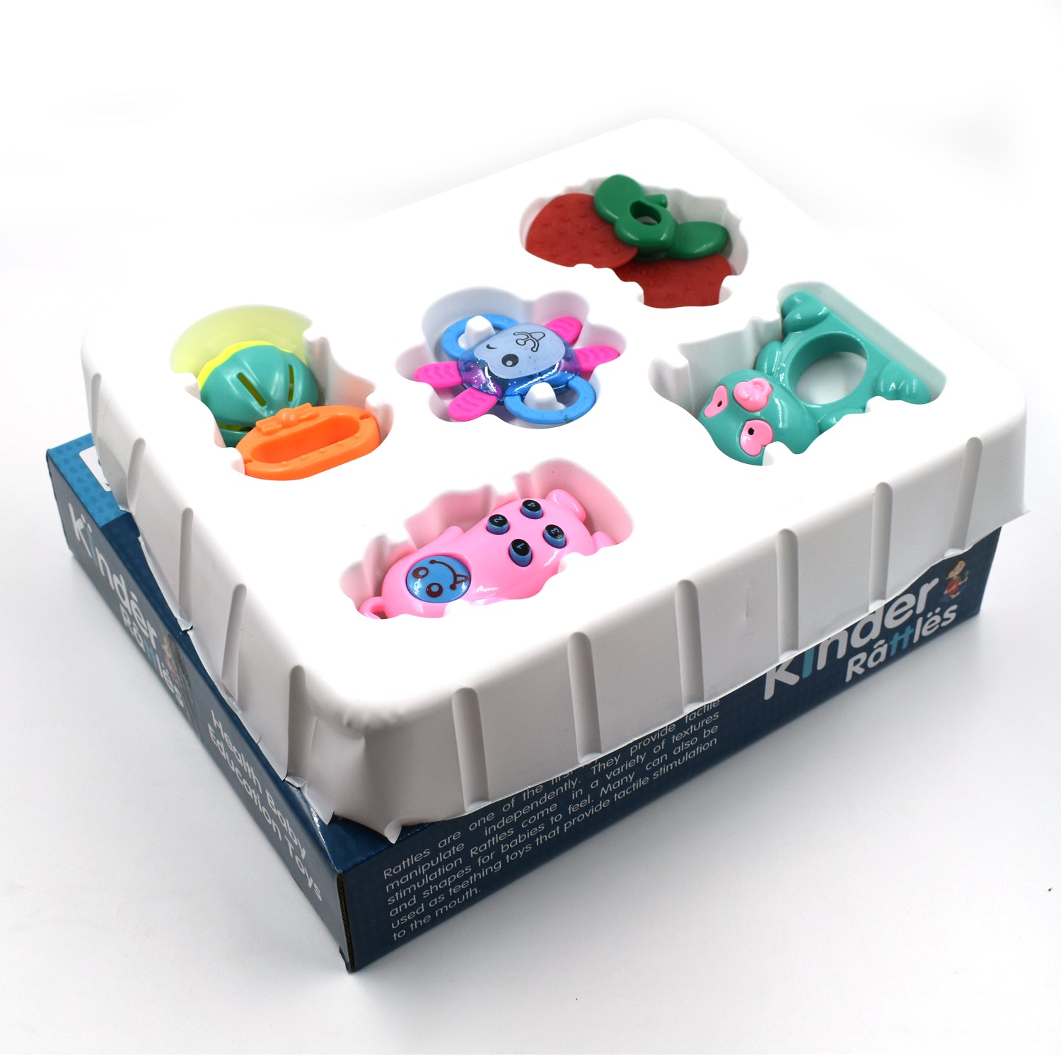 Baby rattle toy with bright colors and various textures for sensory play. Baby rattle toy with bright colors and various textures for sensory play.